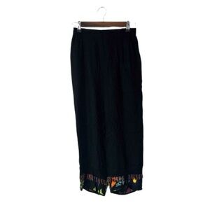 Paradiso Vintage Black Wide Leg Pants Rayon Beads Print Vacation Tropical Medium